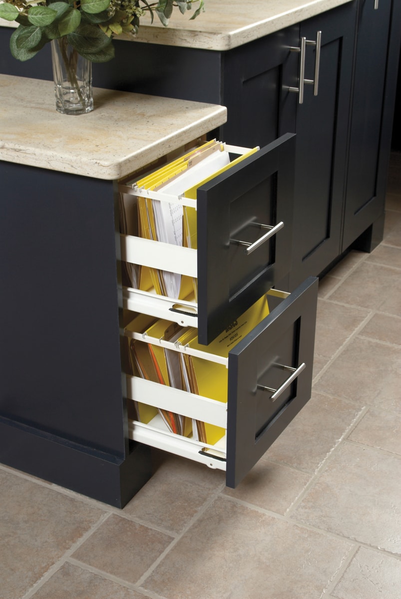 Black filing cabinet with two drawers.